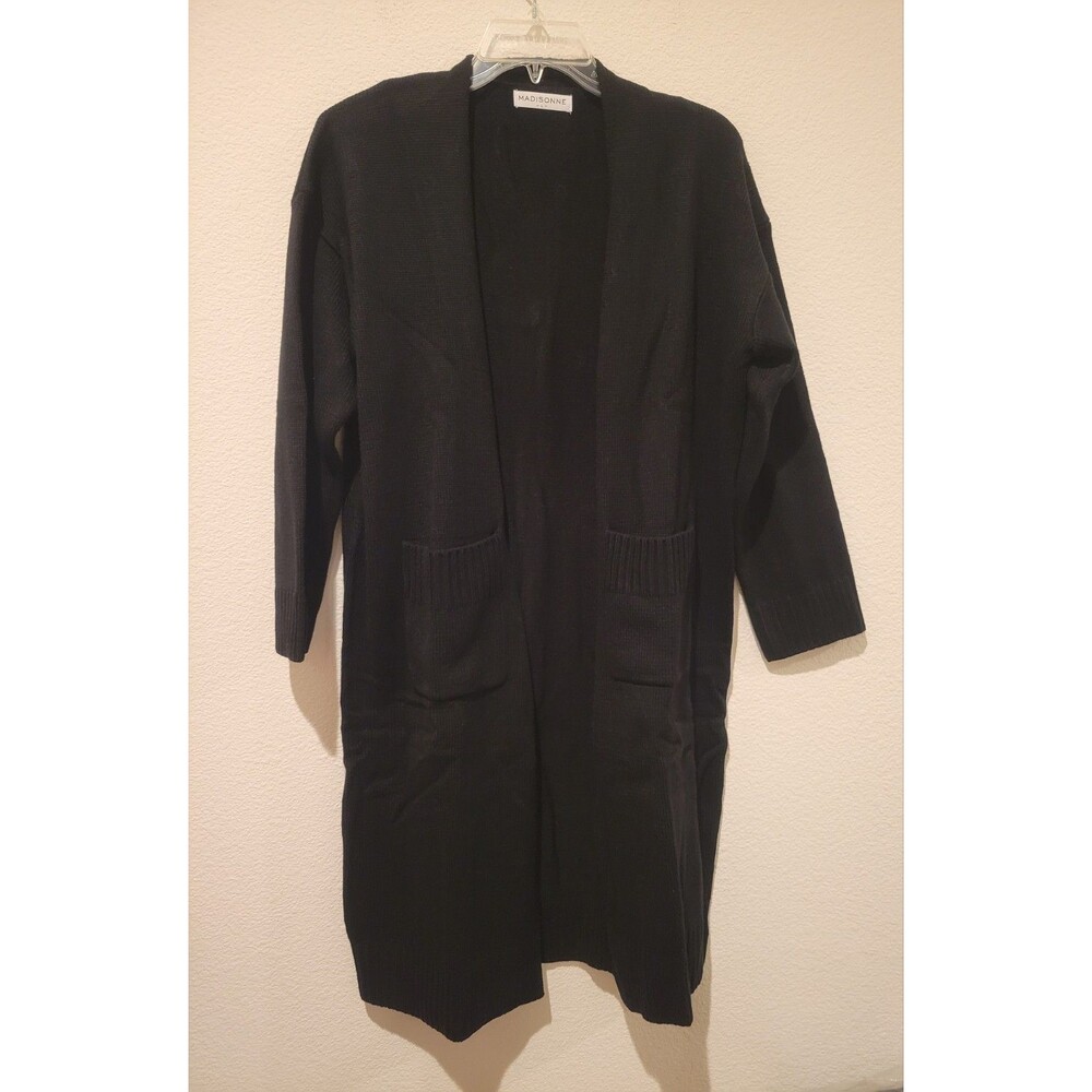 New wo Tag Madisonne Long LineOpen Cardigan Sweater Women's Large Black Pockets